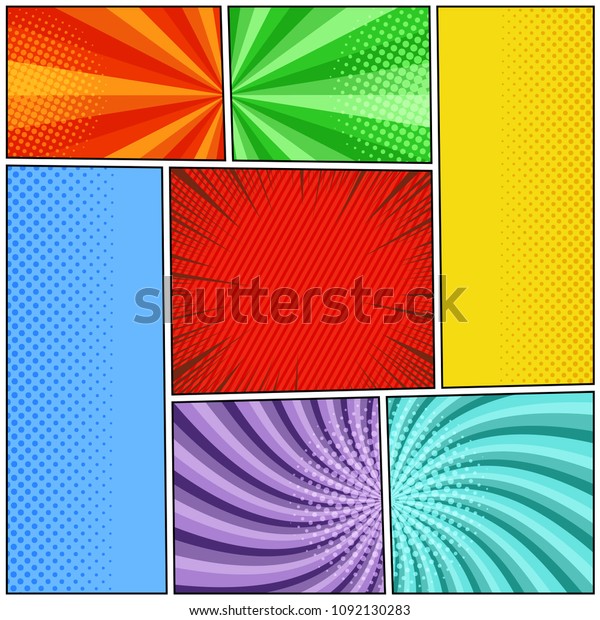 Comic\
book pages template with halftone radial slanted lines and rays\
effects in different colors. Vector\
illustration