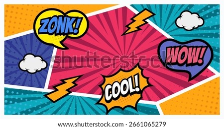 Comic book panel with lightning bolts, stars and speech bubble text