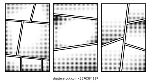 Comic book panel set, retro halftone manga cartoon style, frame retro manga box