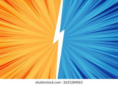 Comic book panel storyboard, cartoon manga versus battle style blank template, yellow and blue sunburst background.