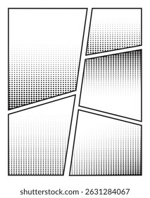 Comic book panel storyboard style, blank manga cartoon panels template with halftone effect
