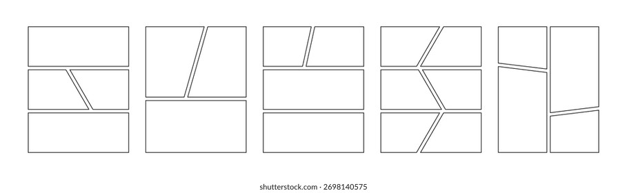 Comic book panels set. Manga collage blank template. Storyboard layout panel. Empty page line frame for photo collage. Comic book board mockup. Vector illustration isolated on white background.