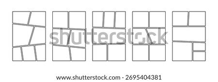 Comic book panels set. Manga collage blank template. Storyboard layout panel. Empty page line frame for photo collage. Comic book board mockup. Vector illustration isolated on white background.