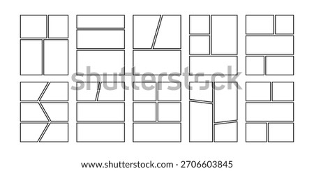 Comic book panels set. Manga collage blank template. Storyboard layout panel. Empty page line frame for photo collage. Comic book board mockup. Vector illustration isolated on white background.
