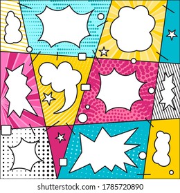 Comic book pattern background with bubble speech. Bright colorful composition graphic elements in Pop Art style. Vector Illustration
