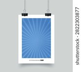 Comic book pop art blue poster template with halftone sunburst background mockup, vector illustration