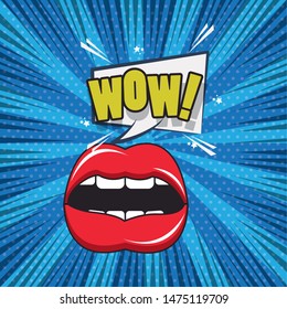 Comic book pop art cartoon with sexy lips and bubble ,vector illustration.