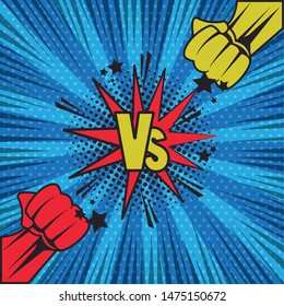 Comic book pop art cartoon superheros fist punch on blue background ,vector illustration.
