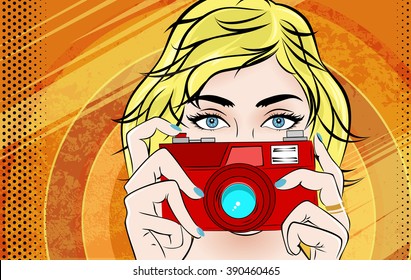 Comic Book Pop Art illustration with Girl. Movie Star with Foto Camera. Photographer or Videographer Vintage Advertising Poster. Fashion Woman with Photo Camera