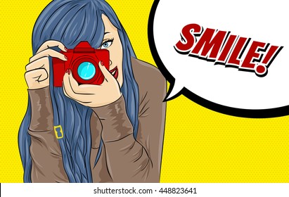 Comic Book Pop Art illustration with Girl. Movie Star with Foto Camera. Photographer or Videographer Vintage Advertising Poster. Fashion Woman with Photo Camera. Smile!