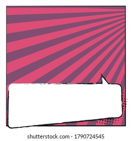 Comic book pop art page element template with purple stripes. Blank white dialog window, speech bubble template. Vector illustration. Classic comic scene background. Comic bubble vector for text. 