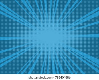 Comic book pop art retro background with halftone dots and radial rays. Vector illustration of blue background.