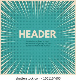Comic book, pop art style banner vector template. Social media promo post concept with blue halftone background. Vintage sunburst effect with text space. Creative retro advertising poster layout