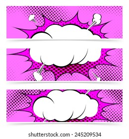 Comic book pop art style web header collection with explosion steam cloud. Vector illustration