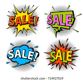 comic book pop art style shopping sale speech bubbles on halftone texture