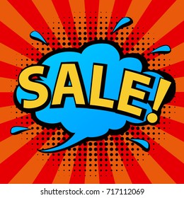 comic book pop art style cloud shopping sale speech bubble on halftone and vintage sunburst texture