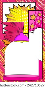 Comic Book Product podium stage for mockup presentation with pendant lamp. Retro comics background.
