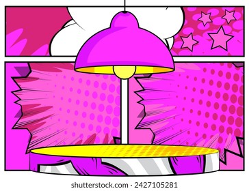 Comic Book Product podium stage for mockup presentation with pendant lamp. Retro comics background.