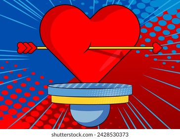 Comic Book Produkt Podium Bühne für Mock-up Präsentation mit Arrow Heart. Retro Comics Valentinstag Symbol Hintergrund.