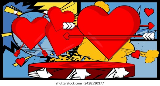 Comic Book Product podium stage for mock-up presentation with Arrow Heart. Retro comics Valentine's Day Symbol background.