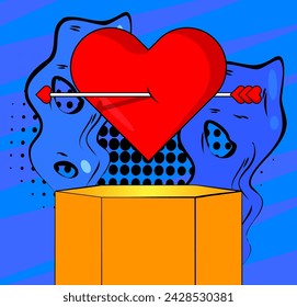 Comic Book Product podium stage for mock-up presentation with Arrow Heart. Retro comics Valentine's Day Symbol background.