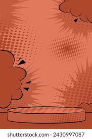 Comic Book Product podium stage for mockup presentation with medium light shade of red, orange, retro pop art vintage background.