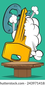 Comic Book Product podium stage for mockup presentation with key. Retro comics background.