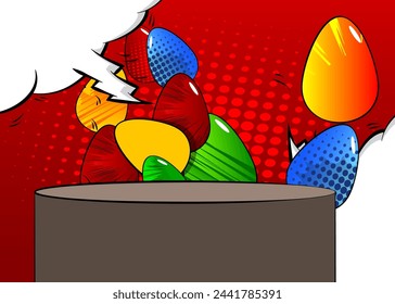Comic Book Product podium stage for mock-up presentation with Easter Eggs. Retro comics background.