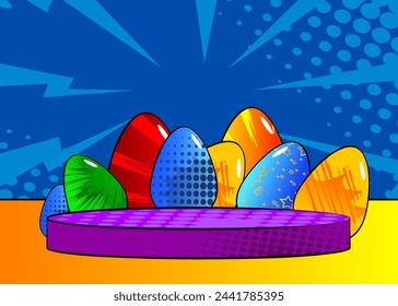 Comic Book Product podium stage for mock-up presentation with Easter Eggs. Retro comics background.