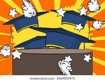 Comic Book Product podium stage for mock-up presentation with Graduation Mortarboard. Retro comics background.