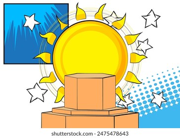 Comic Book Product podium stage for mockup presentation with Summer Sun. Retro Sunny comics background.