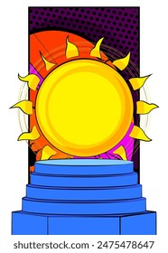 Comic Book Product podium stage for mockup presentation with Summer Sun. Retro Sunny comics background.