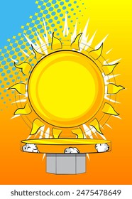 Comic Book Product podium stage for mockup presentation with Summer Sun. Retro Sunny comics background.