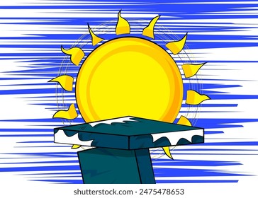 Comic Book Product podium stage for mockup presentation with Summer Sun. Retro Sunny comics background.