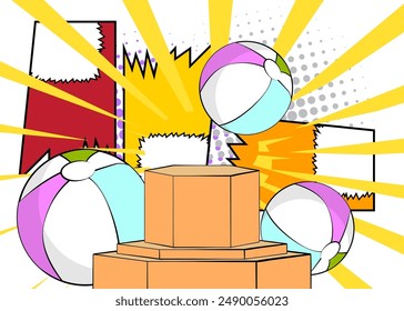 Escenario del podio del Producto del libro de historietas para la presentación de la maqueta con Beach Ball. Fondo de historietas retro.