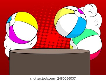 Escenario del podio del Producto del libro de historietas para la presentación de la maqueta con Beach Ball. Fondo de historietas retro.