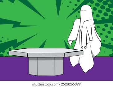 Comic Book Product podium stage for mockup presentation with Ghost. Retro comics background.