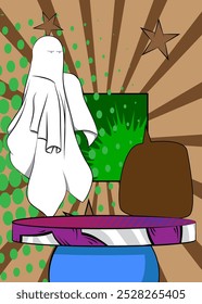 Comic Book Product podium stage for mockup presentation with Ghost. Retro comics background.