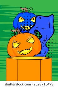 Comic Book Product podium stage para apresentação de maquete com Halloween Jack O' Lantern. História em quadrinhos retrô.