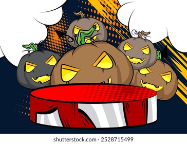 Comic Book Product podium stage for mockup presentation with Halloween Jack O' Lantern. Retro comics background.