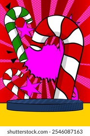 Comic Book Product podium stage for mockup presentation with Candy cane. Retro comics background.