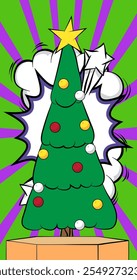 Comic Book Product podium stage for mockup presentation with Christmas decorated pine tree. Retro comics background.