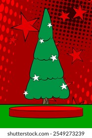 Comic Book Product podium stage for mockup presentation with Christmas decorated pine tree. Retro comics background.