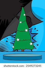 Comic Book Product podium stage for mockup presentation with Christmas decorated pine tree. Retro comics background.