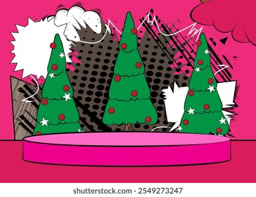 Comic Book Product podium stage for mockup presentation with Christmas decorated pine tree. Retro comics background.