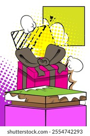 Comic Book Product podium stage for mockup presentation with Gift Box. Retro comics background.