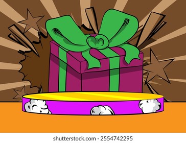 Comic Book Product podium stage for mockup presentation with Gift Box. Retro comics background.