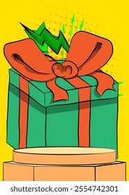 Comic Book Product podium stage for mockup presentation with Gift Box. Retro comics background.