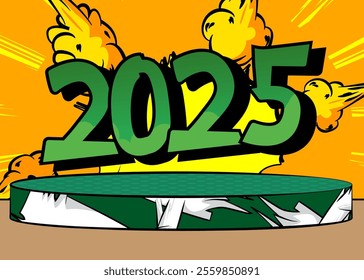 Comic Book Product podium stage for mockup presentation with 2025. Retro comics background.