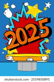 Comic Book Product podium stage for mockup presentation with 2025. Retro comics background.